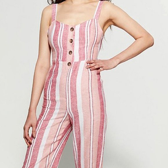 NEW Pink Striped Button Front Cutout Tie Open Back Linen Blend Jumpsuits $140 - Picture 4 of 8